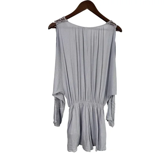 Free People Women Small White Floral Cold Shoulder V-Neck Purple Romper Jumpsuit - Picture 3 of 9